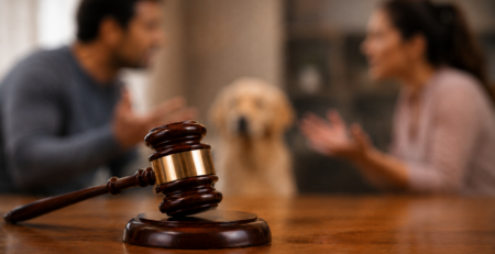 Perra adulta acompañada por una persona en un hogar, en referencia al fallo que reconoció su condición de ser sintiente.