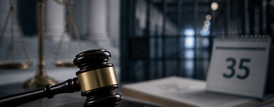 Mazo judicial, balanza de justicia, documentos legales y calendario con el número 35, en referencia a la revisión de penas de prisión perpetua.