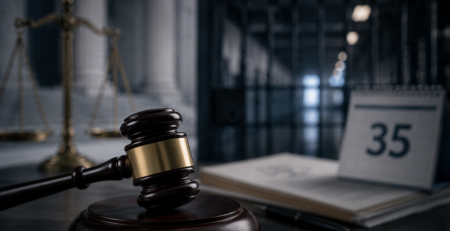 Mazo judicial, balanza de justicia, documentos legales y calendario con el número 35, en referencia a la revisión de penas de prisión perpetua.