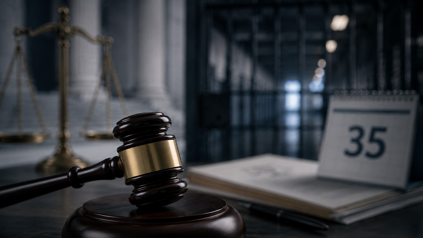Mazo judicial, balanza de justicia, documentos legales y calendario con el número 35, en referencia a la revisión de penas de prisión perpetua.
