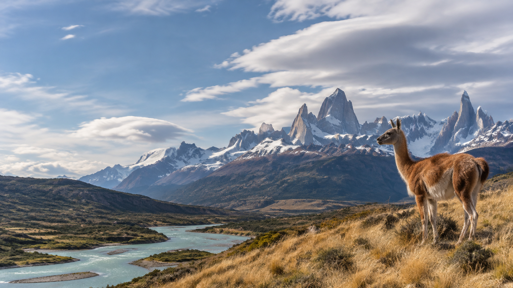 Guanaco frente al cerro Fitz Roy, El Chaltén, Santa Cruz.